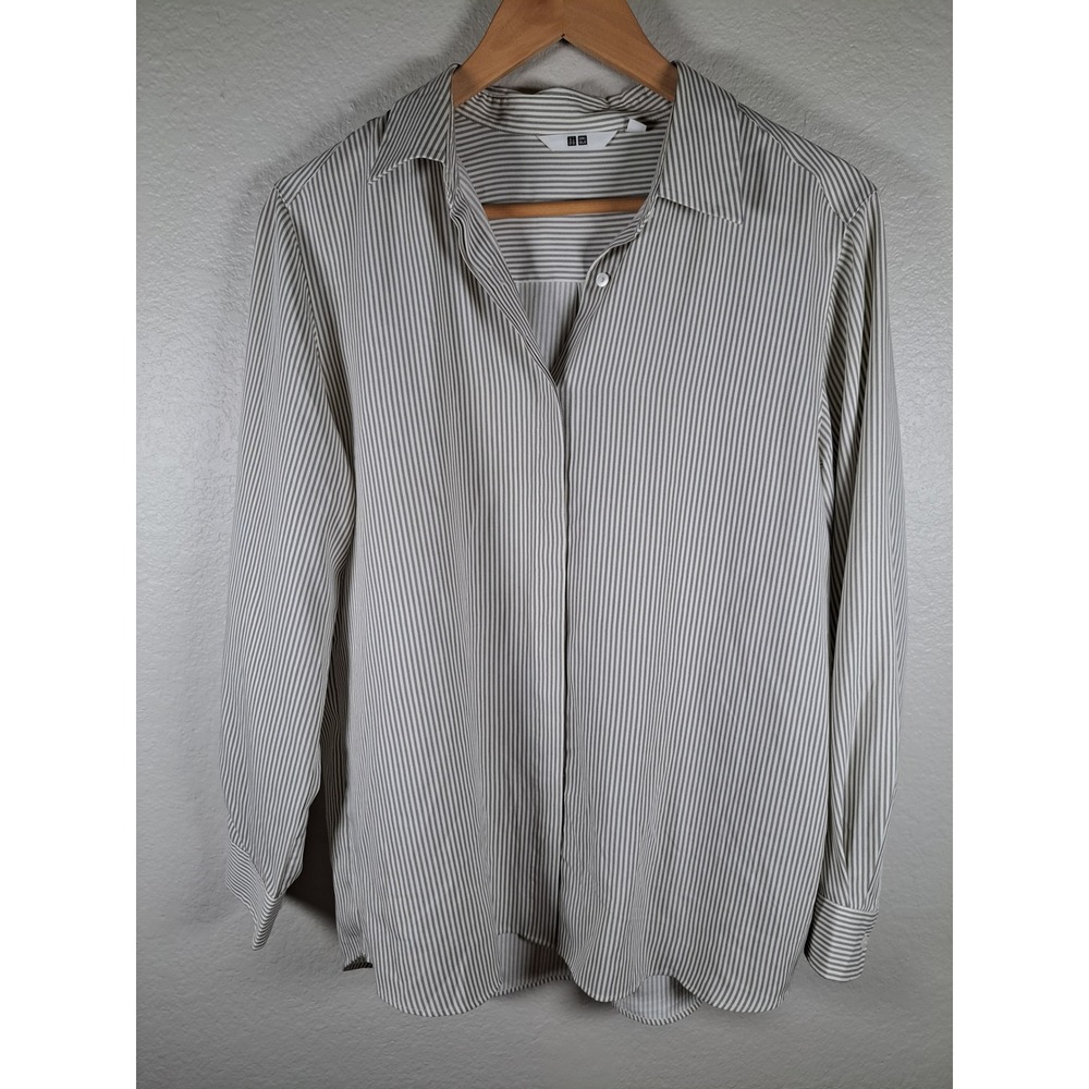 Uniqlo Rayon Striped Long Sleeve Blouse Gray White Button Down 231-479072 L